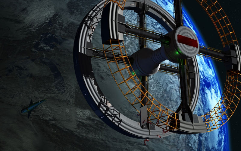 space station, space travel, earth, planet, atmosphere, clouds, space, orbit, technology, construction, science fiction, utopia, space art, a space odyssey