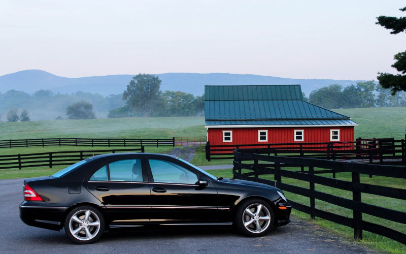 automobile, car, barn, farm, ranch, early morning, mercedes-benz