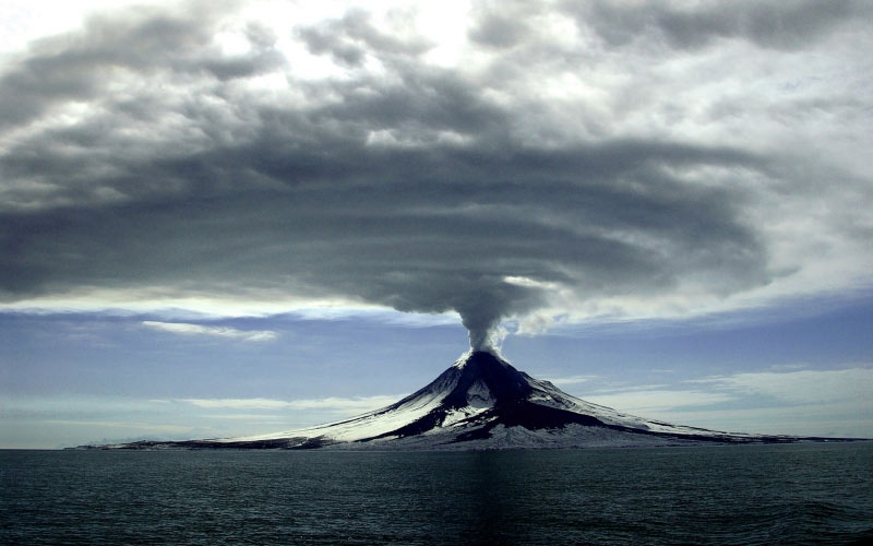 landscape, mountains, sky, nature, eruption, volcano, sea, Augustine Island, Alaska