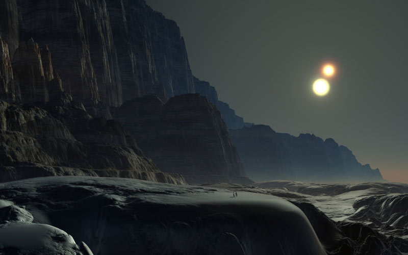 landscape, double sun, rock wall, mountain ridge, planet, terrain, science fiction, expedition, research into, universe, rock, cliff, turbidity, space
