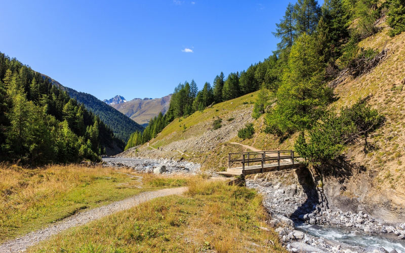 mountains, landscape, alps, swiss national park, bridge, river, ova da varusch