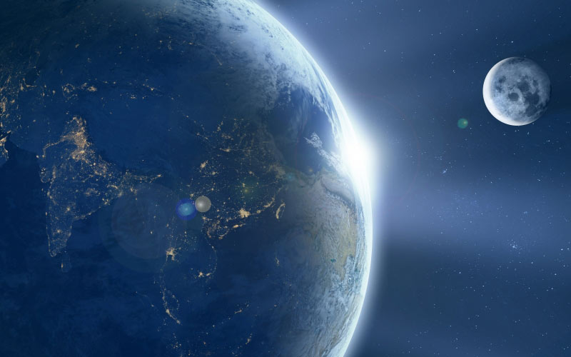 earth, moon, space, astronomy, globe, planet, stars, cosmos, orbit, satellite, lens flare, glowing