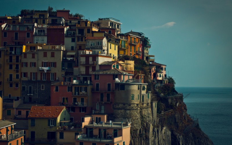 sea, coast, houses, town, cityscape, cliff, seaside, dusk, evening, city, architecture
