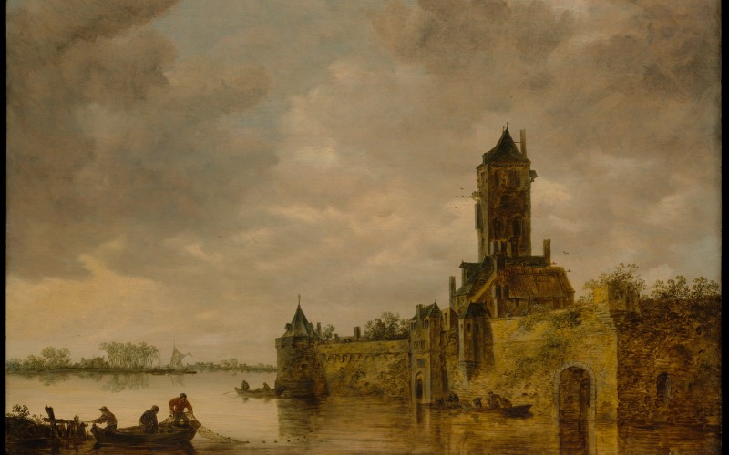 architecture, castle, palace, old, historical, jan van goyen, castle by a river, painting, art, valkhof castle, oil